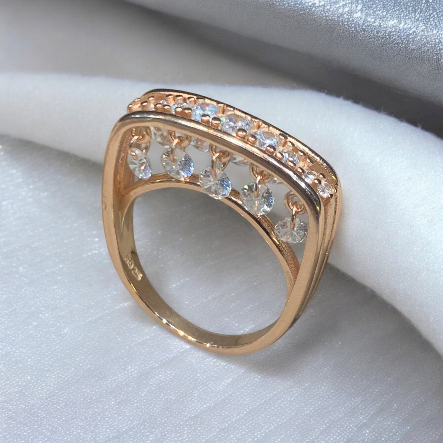 Double Side Hanging Diamonds Rose Gold Ring