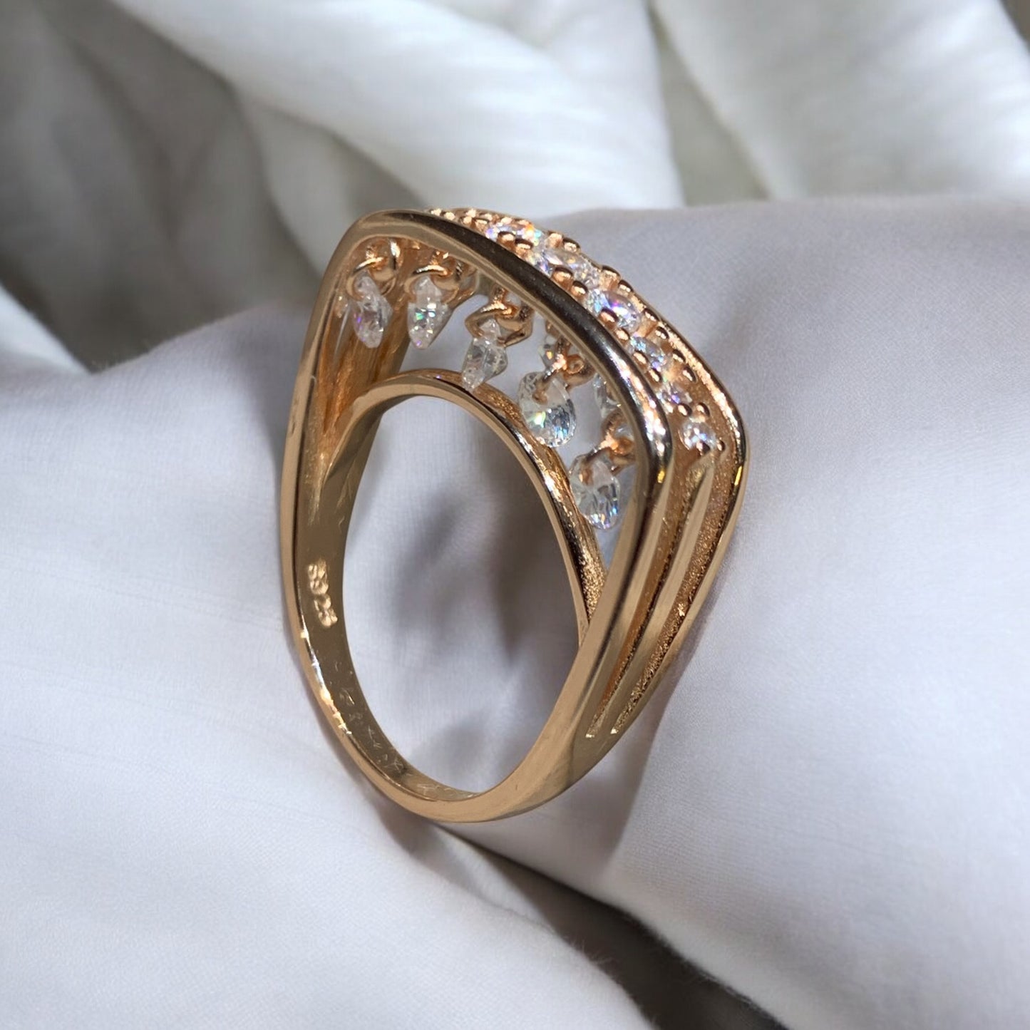 Double Side Hanging Diamonds Rose Gold Ring