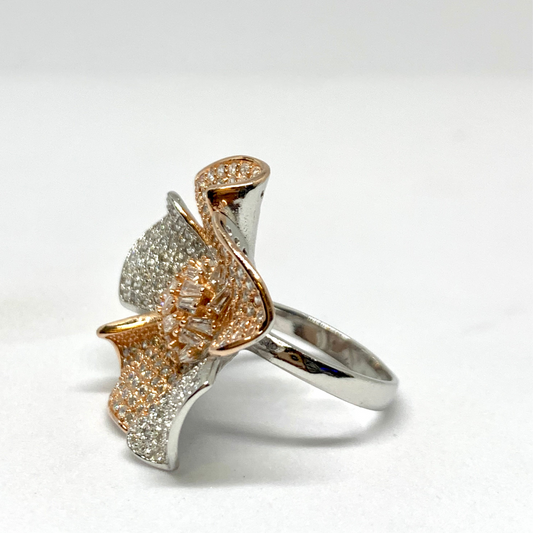 Rose Gold Flower With Small Crysals 925 Sterling Silver Cocktail Ring
