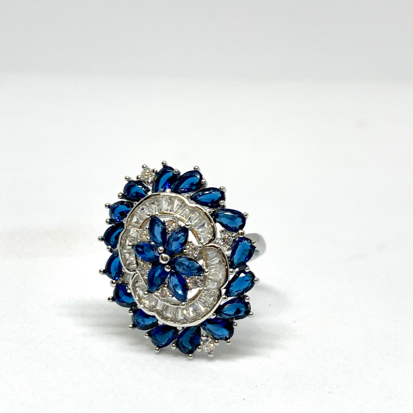 Big 925 Sterling Silver Wedding Party Wear Cocktail Blue CZ Ring