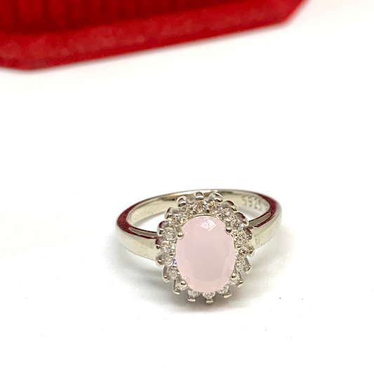 Silver American Diamond Pink Stone Ring