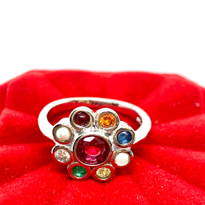 Naira 92.5 Sterling Silver Natural Navratna Stone Original Nine Gems Ring For Women And Girls