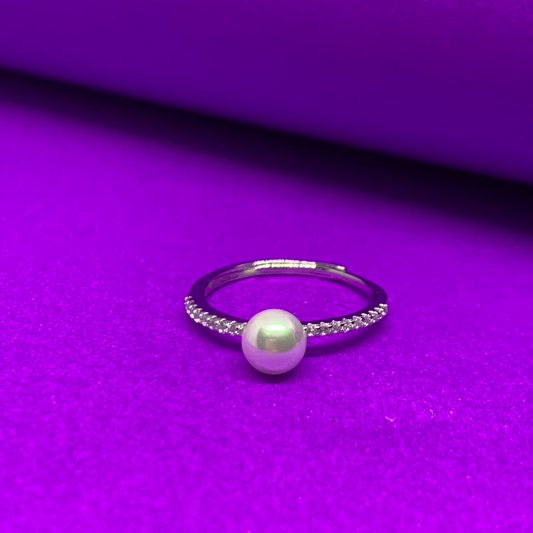 Diamond And White Pearl Ring In 925 Sterling Silver {free size}