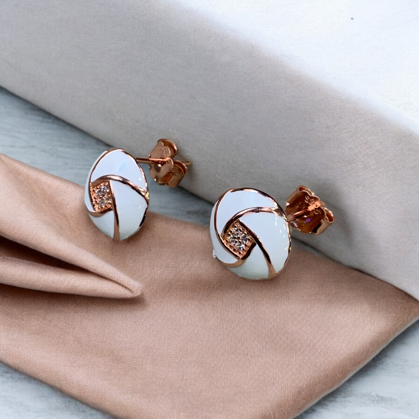 Vintage White Enamel Rose gold Earrings