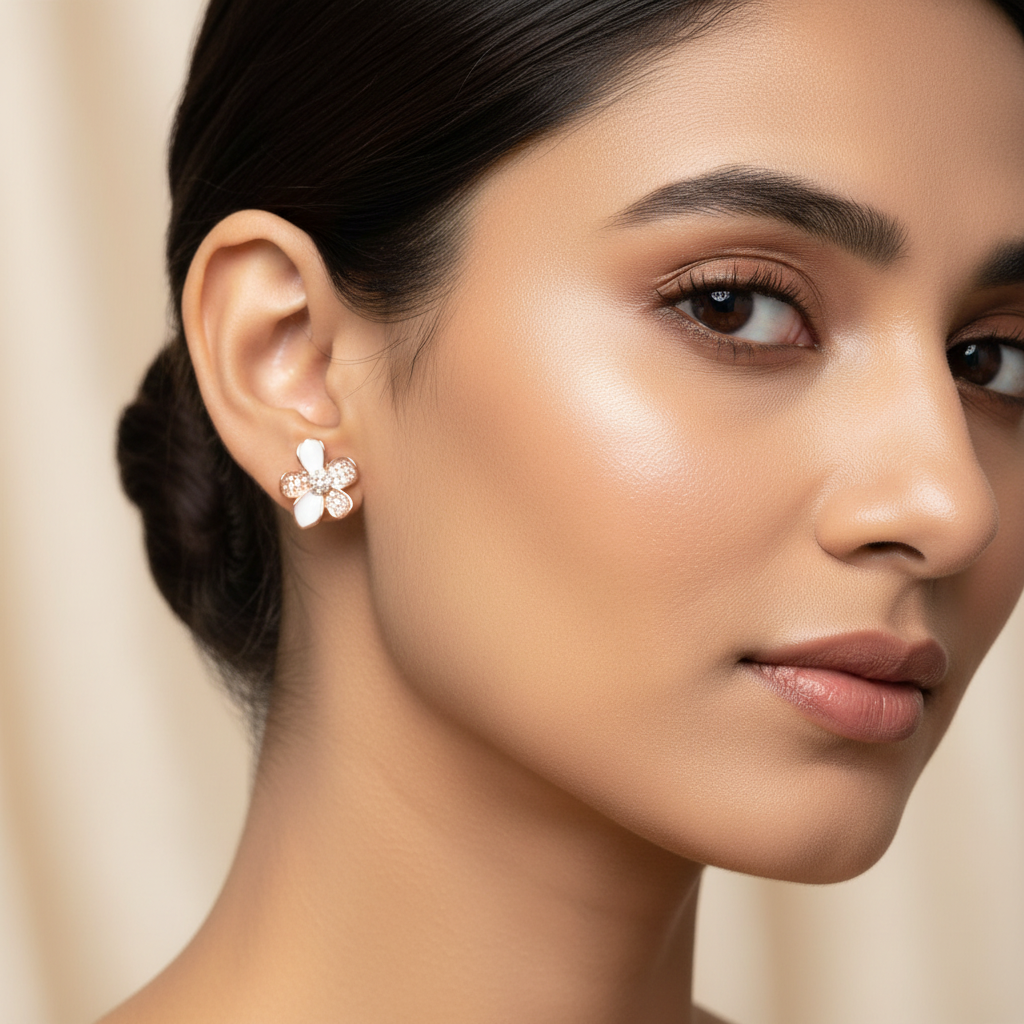 Model wearing rose gold flower earrings - beauty shot