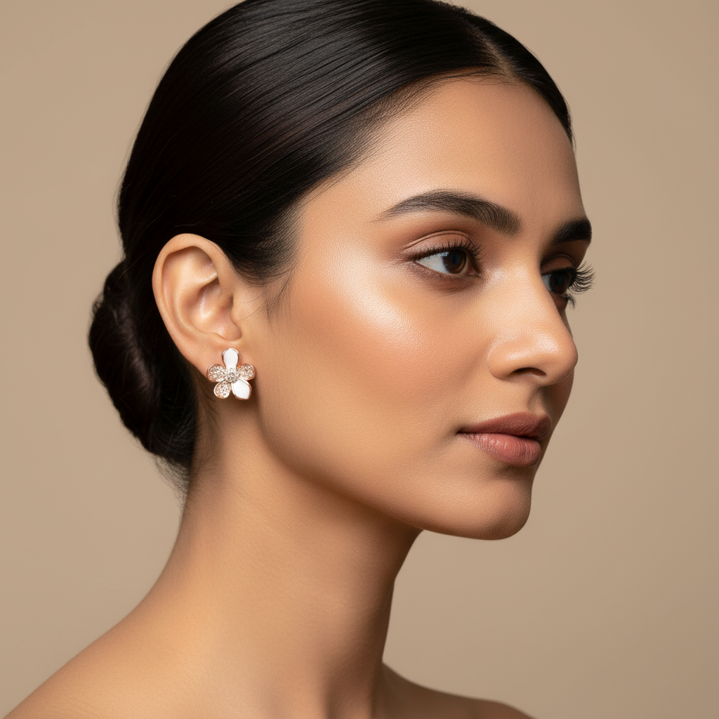 Model wearing rose gold flower earrings - side profile