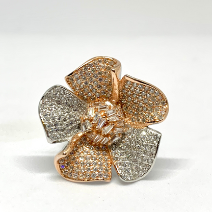 Rose Gold Flower With Small Crysals 925 Sterling Silver Cocktail Ring