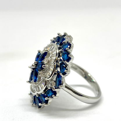 Big 925 Sterling Silver Wedding Party Wear Cocktail Blue CZ Ring
