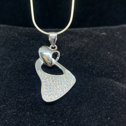 Curved Heart Diamond Studded Sterling Silver Pendant