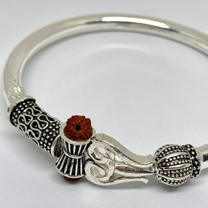 silver handmade gorgeous customized lord shiva bangle bracelet, excellent trident trishul with rudraksha unisex