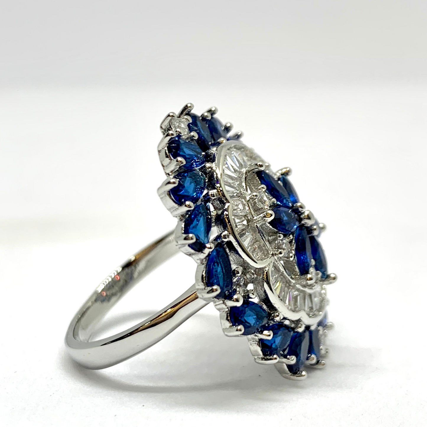 Big 925 Sterling Silver Wedding Party Wear Cocktail Blue CZ Ring