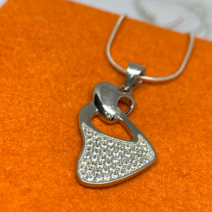 Curved Heart Diamond Studded Sterling Silver Pendant